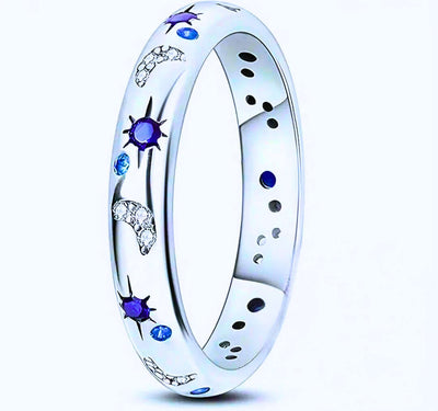 SR0007- Anillo S925 Ley "Sol, Luna y Estrellas" Cerrado Circonita Azul y Blanco Calenbi Calenbi Joyería