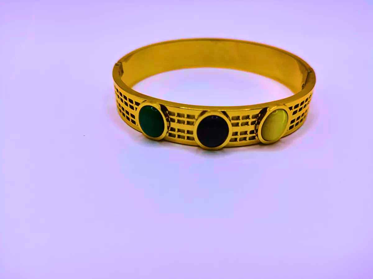 BB001 - Pulsera Acero Inoxidable A Presión Piedras Imitación Chapa Oro 12k Calenbi