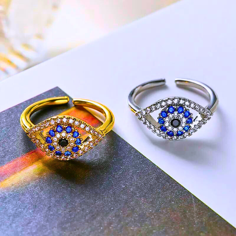 RB0023 - Anillo Acero Inoxidable Circonita Blanco y Azul Chapa Oro 14K Ajustable Calenbi Calenbi Joyería