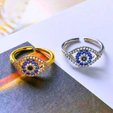 RB0023 - Anillo Acero Inoxidable Circonita Blanco y Azul Chapa Oro 14K Ajustable Calenbi Calenbi Joyería