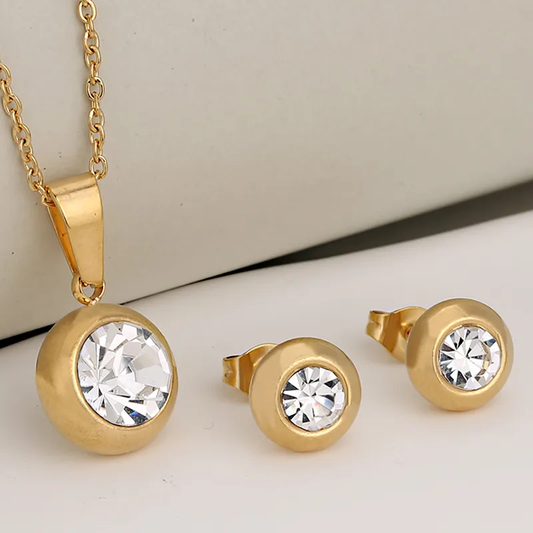 NEB0021 - Collar y Aretes Acero Inoxidable Circonita Cubica Blanca Chapa Oro 10k 304L Calenbi