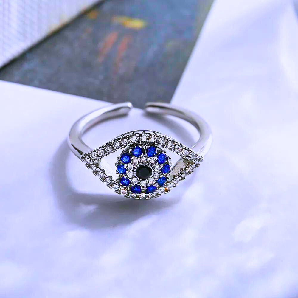 RB0023 - Anillo Acero Inoxidable Circonita Blanco y Azul Chapa Oro 14K Ajustable Calenbi Calenbi Joyería