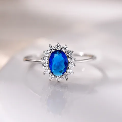 SR0070 Anillo S925 Ley "Oval" Circonita Cubica Azul y Blanco Cerrado Calenbi