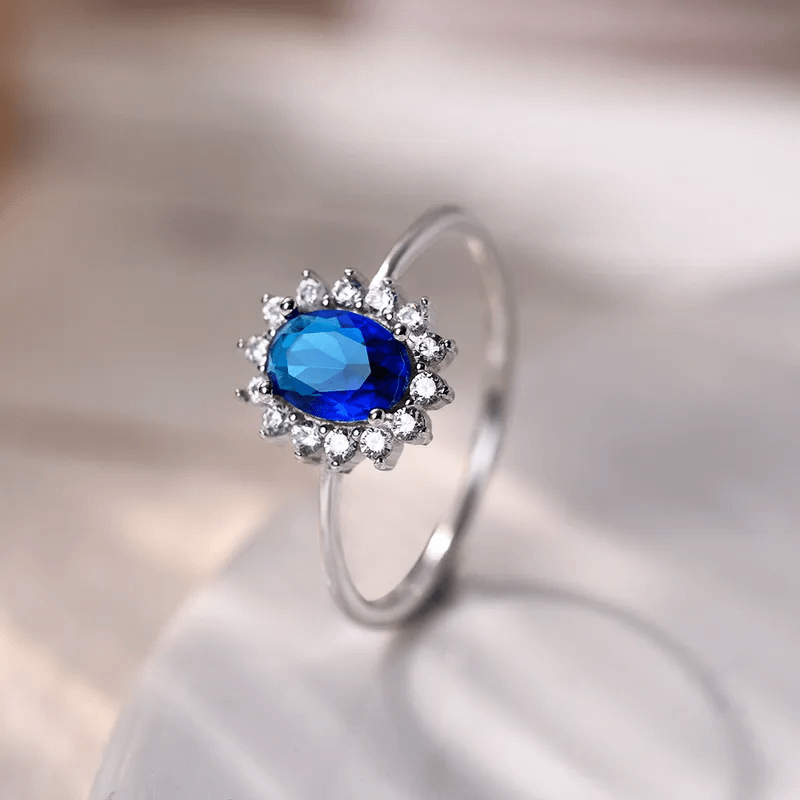 SR0070 Anillo S925 Ley "Oval" Circonita Cubica Azul y Blanco Cerrado Calenbi Calenbi Joyería