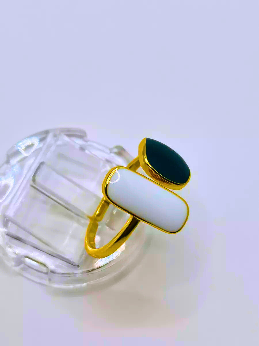 SR0032 - Anillo S925 Ley "Geométrico" Chapa Oro 10K Epoxica Ajustable Calenbi