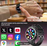 smartwatch wifi funciones con asistente de voz inteligente y aplicaciones sociales en color negro.
