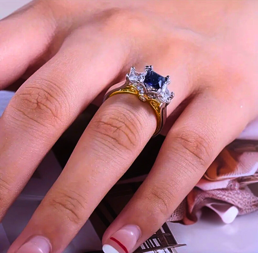 SR0056 - Anillo S925 Esterlina "Realeza" Circonita Cubica Azul y Blanco Cerrado Calenbi