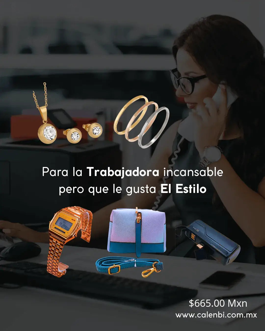 Accesorios de moda para mujer trabajadora, incluyendo joyas y carteras, resaltando estilo y funcionalidad.