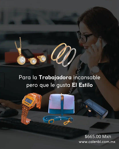 Accesorios de moda para mujer trabajadora, incluyendo joyas y carteras, resaltando estilo y funcionalidad.