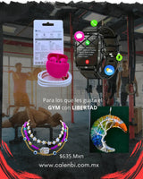 Imagen de productos para mujer fitness entrenamientos incluyendo auriculares y reloj inteligente en un entorno de gimnasio.