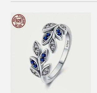 SR0054 - Anillo S925 Ley "Laurel Grande" Circonita Blanca y Azul Ajustable Calenbi