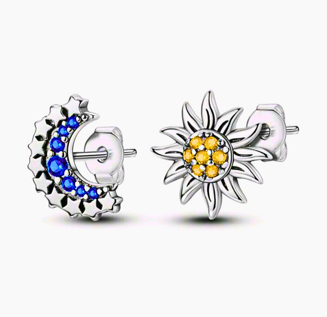 SE0001 - Aretes S925 Ley "Sol y Luna" Circonita Cubica Azul y Amarillo Calenbi Calenbi Joyería