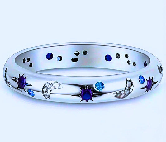 SR0007- Anillo S925 Ley "Sol, Luna y Estrellas" Cerrado Circonita Azul y Blanco Calenbi