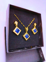 NEB0001 - Collar y Aretes Acero Titanio Rombo Circonita Cubica Azul Chapa Oro 14k Calenbi Calenbi Joyería