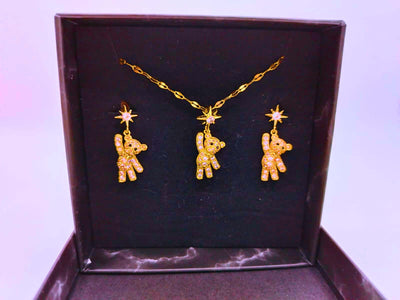 NEB0002 - Collar y Aretes Acero Inoxidable Oso Circonita Cubica Blanca Calenbi Calenbi Joyería