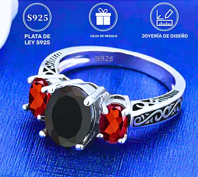 SR0008 - Anillo S925 Ley Circonita Negra y Roja Cerrado Calenbi Calenbi Joyería