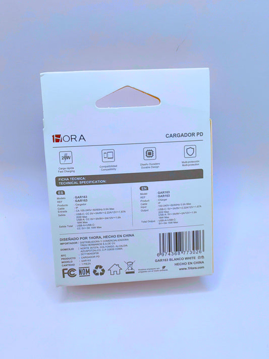 GAR163 - Cargador De Doble Puerto (USB "C" y USB "A") 20W y Cable IP