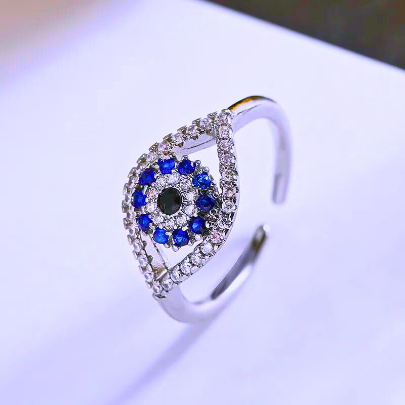 RB0023 - Anillo Acero Inoxidable Circonita Blanco y Azul Chapa Oro 14K Ajustable Calenbi Calenbi Joyería
