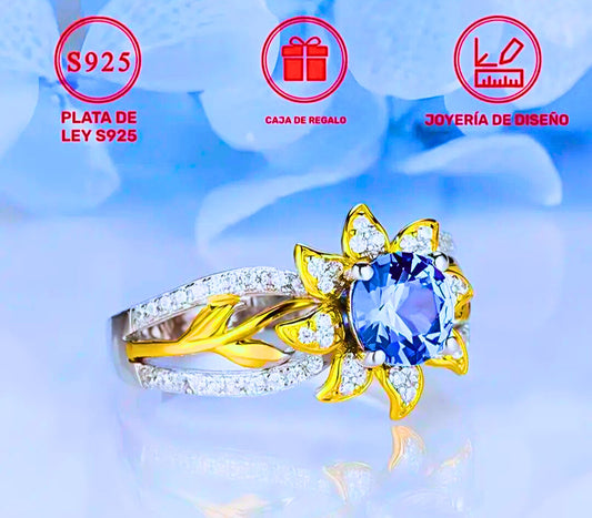 SR0059 - Anillo S925 Esterlina "Flor Amarilla" Cerrado Circonita Azul y Blanco Calenbi