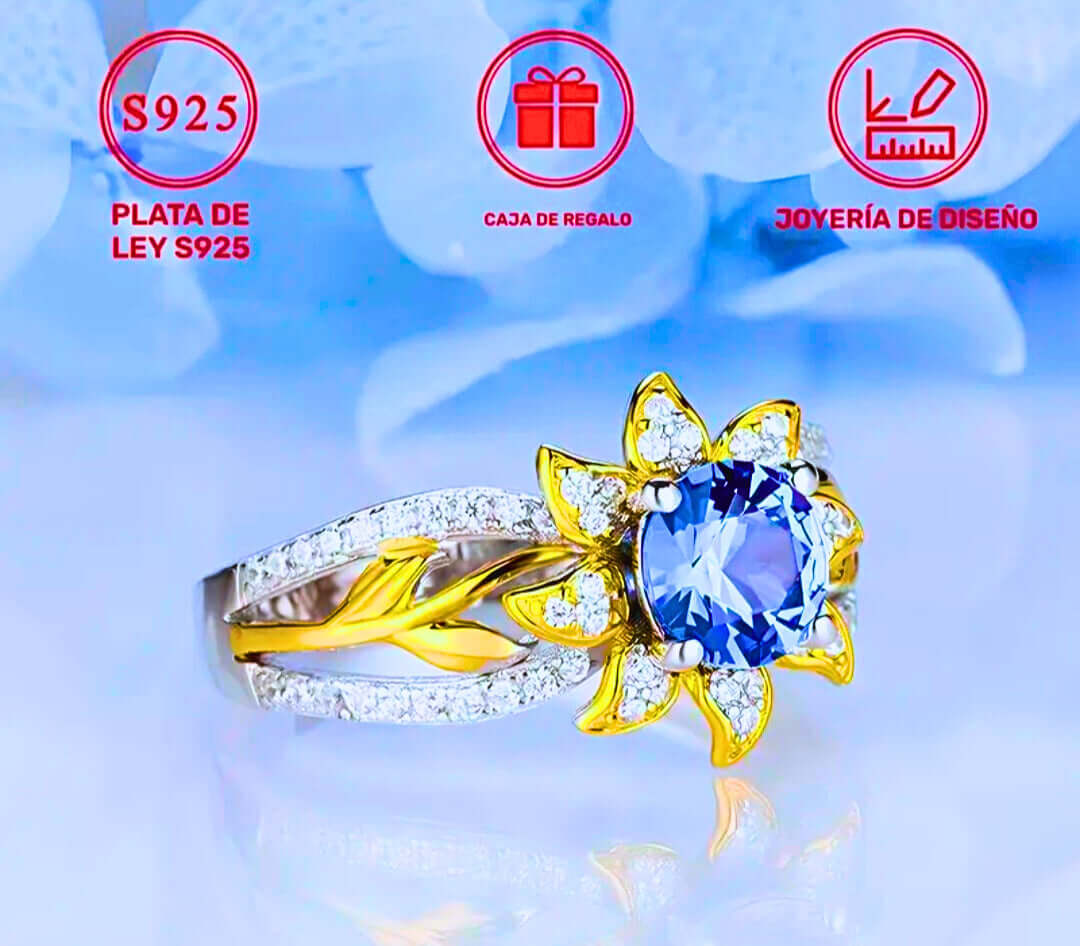 SR0059 - Anillo S925 Esterlina "Flor Amarilla" Cerrado Circonita Azul y Blanco Calenbi Calenbi Joyería