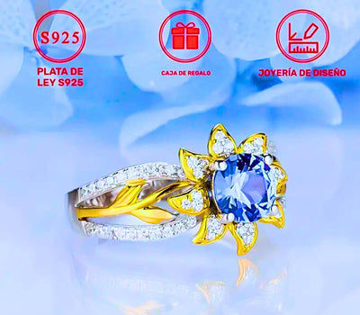 SR0059 - Anillo S925 Esterlina "Flor Amarilla" Cerrado Circonita Azul y Blanco Calenbi Calenbi Joyería
