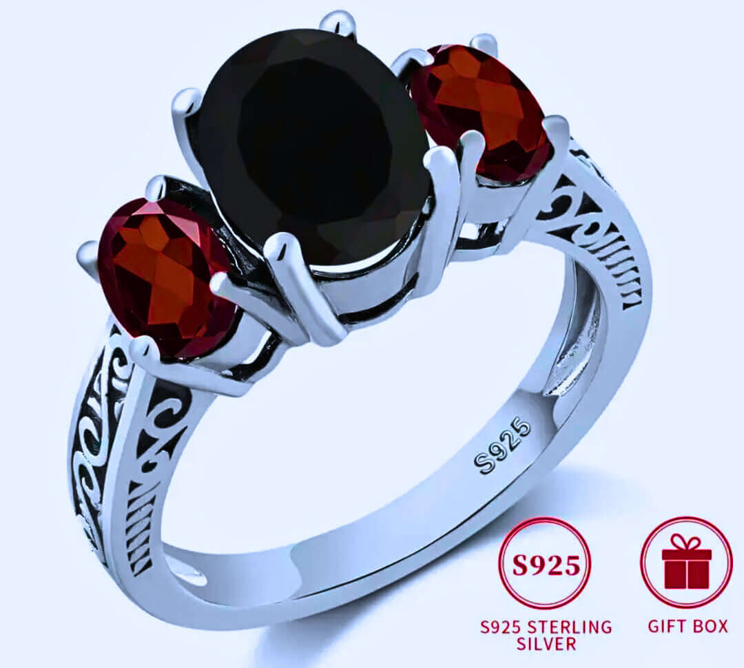 SR0008 - Anillo S925 Ley Circonita Negra y Roja Cerrado Calenbi Calenbi Joyería