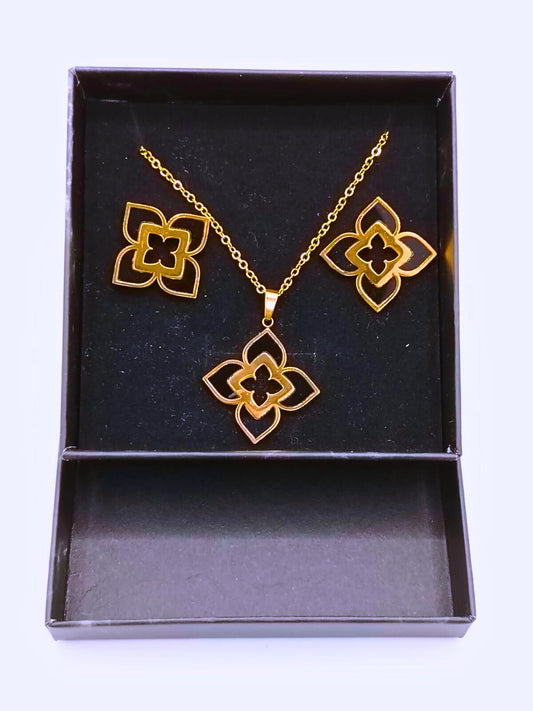 NEB0003,04 - Collar y Aretes Acero Titanio Flor Loto Epoxica Chapa Oro 10k Calenbi Calenbi Joyería