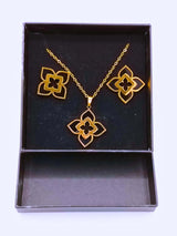 NEB0003,04 - Collar y Aretes Acero Titanio Flor Loto Epoxica Chapa Oro 10k Calenbi Calenbi Joyería