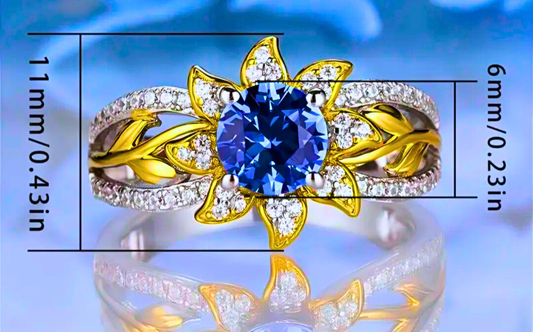 SR0059 - Anillo S925 Esterlina "Flor Amarilla" Cerrado Circonita Azul y Blanco Calenbi