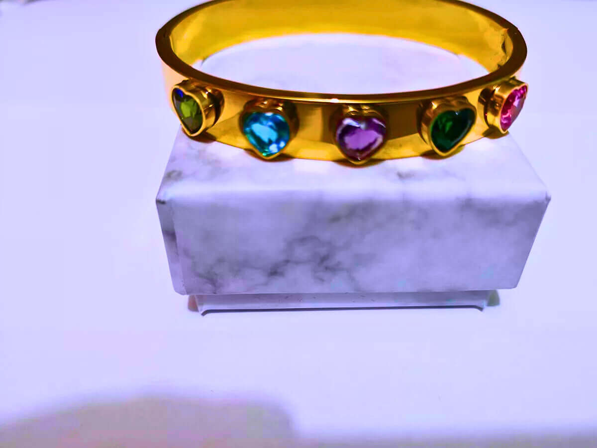 BB029 - Pulsera Acero Inoxidable Circonita Cubica Corazónes Chapa Oro 12k Calenbi Calenbi Joyería