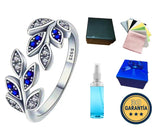 Anillo S925 Ley "Laurel Grande" Circonita Azul y Blanca Ajustable Calenbi