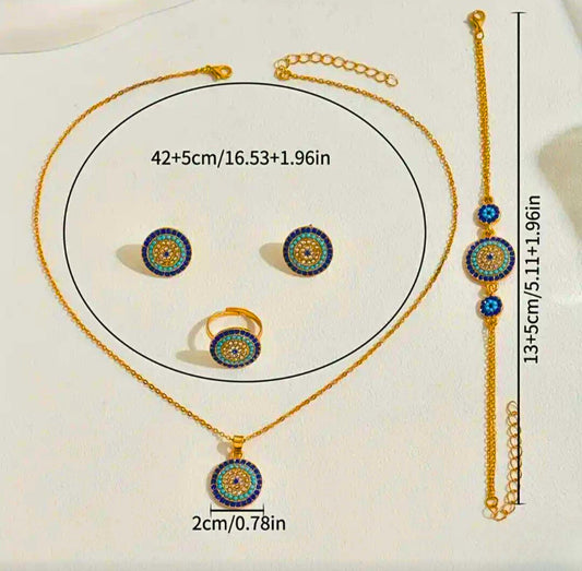 GCB0005 - Juego Completo Acero Inoxidable Ojo Turco Circonita Blanco y Azul Calenbi