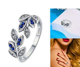 Anillo S925 Ley "Laurel Grande" Circonita Azul y Blanca Ajustable Calenbi