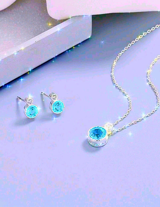 SNE0001 - Collar y Aretes S925 Ley Mínimalista Moderno Circonita Azul Cielo Calenbi