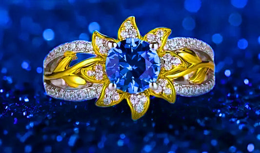 SR0059 - Anillo S925 Esterlina "Flor Amarilla" Cerrado Circonita Azul y Blanco Calenbi