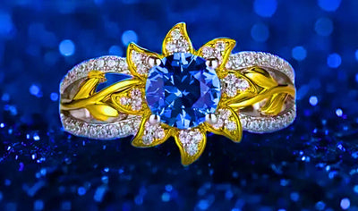 SR0059 - Anillo S925 Esterlina "Flor Amarilla" Cerrado Circonita Azul y Blanco Calenbi Calenbi Joyería